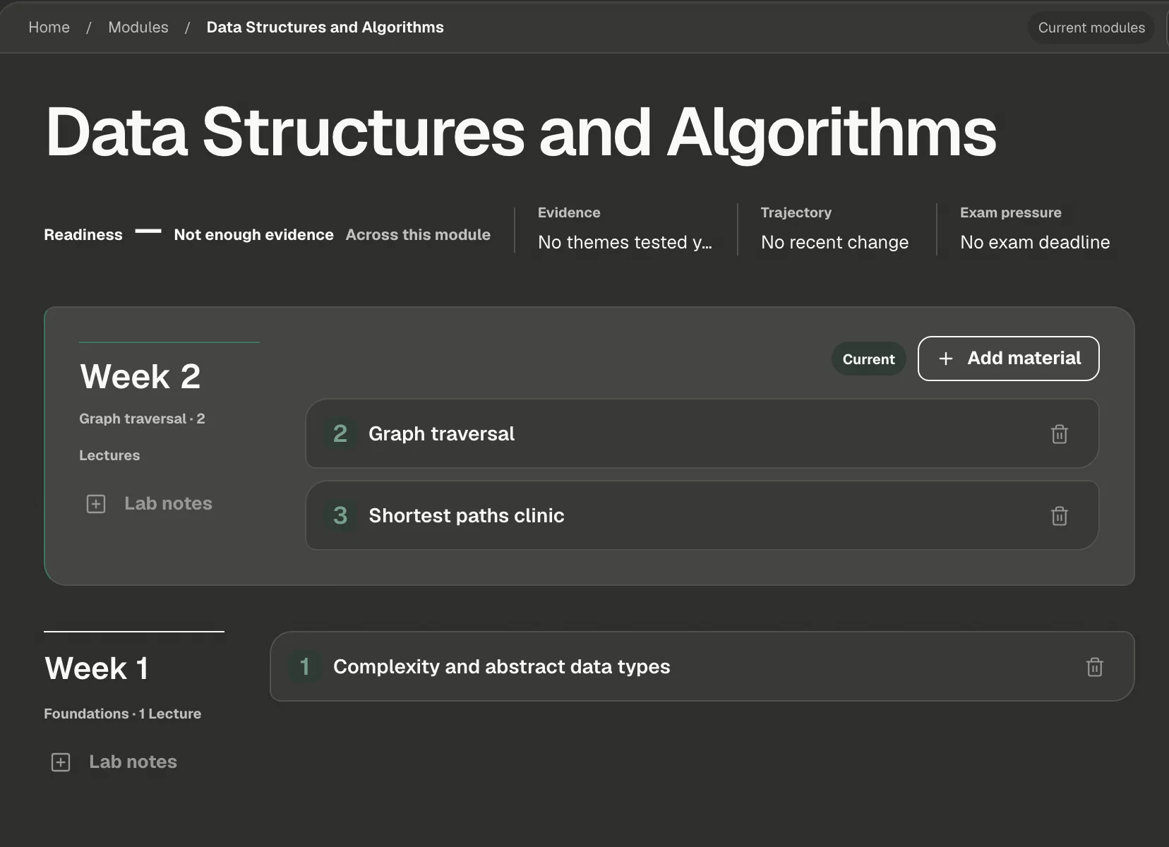 Nova module workspace with graph traversal and shortest paths lectures organised by week.