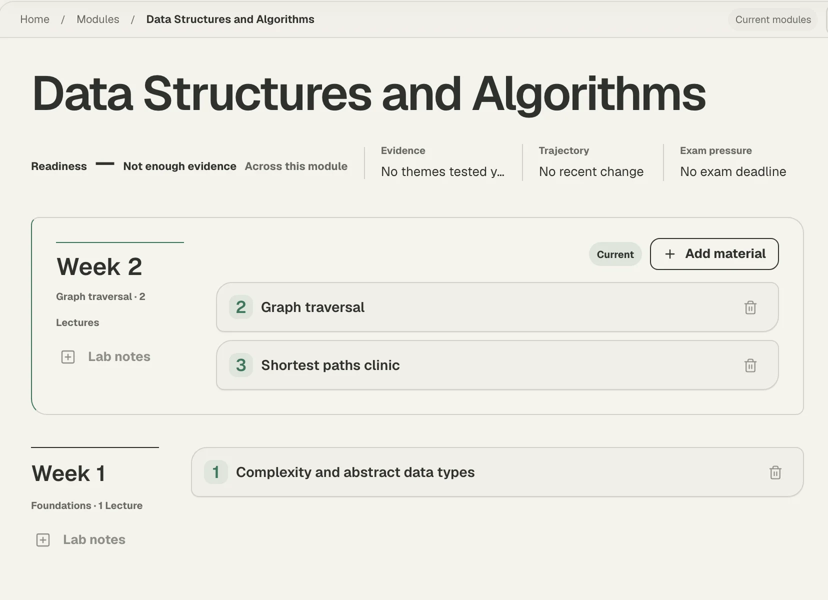 Nova module workspace with graph traversal and shortest paths lectures organised by week.