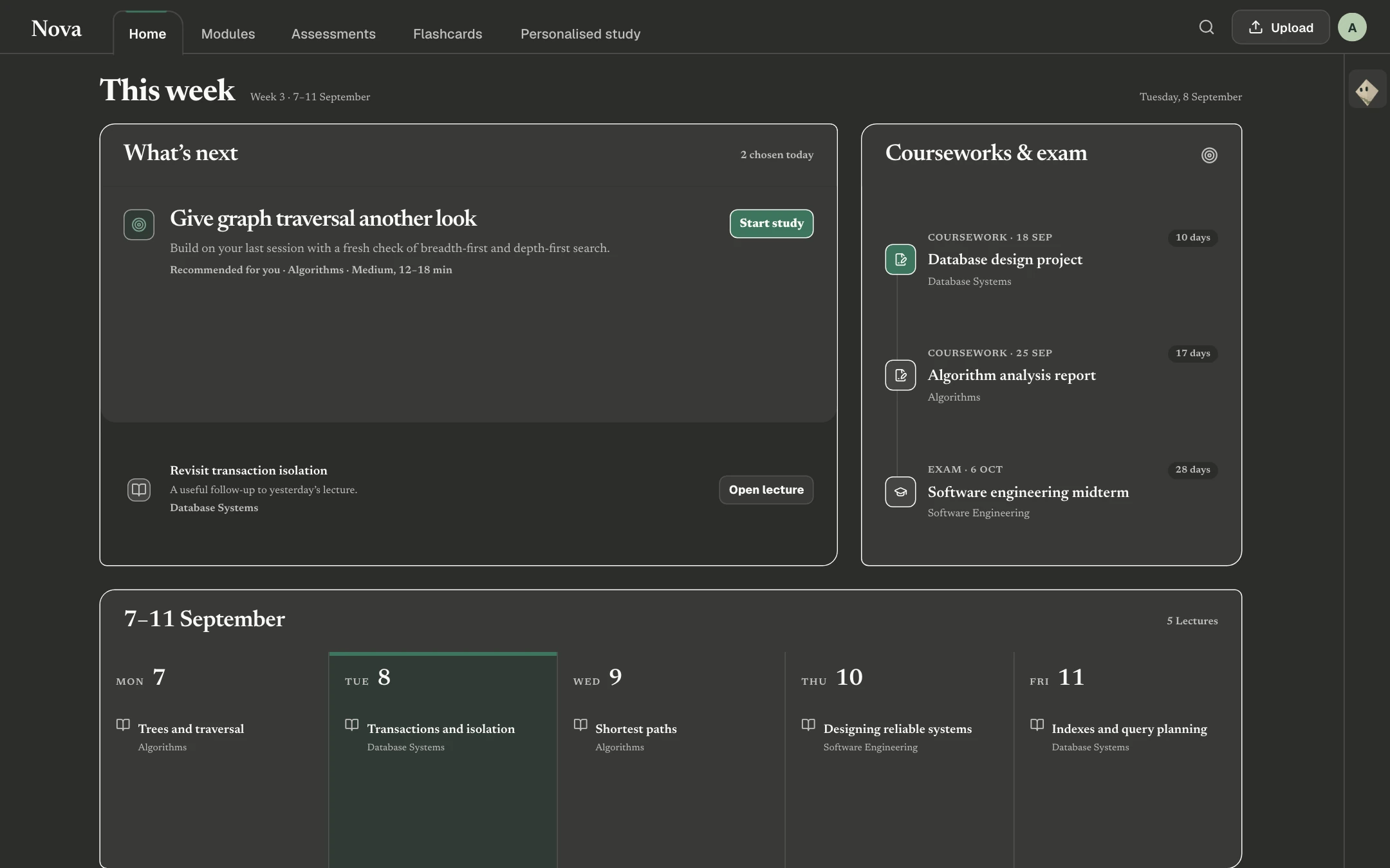 Nova weekly workspace with a graph traversal study recommendation, coursework deadlines and lectures.