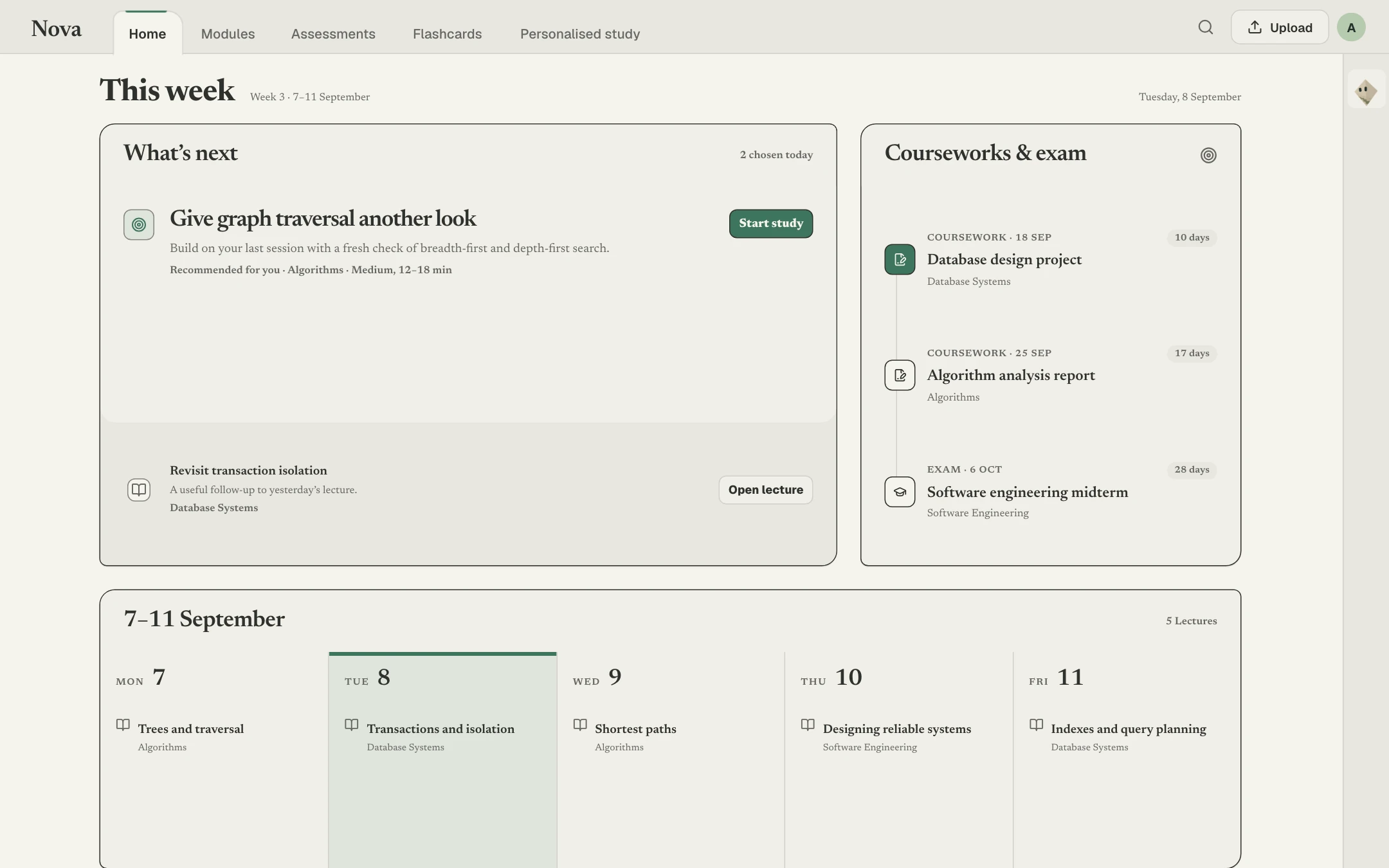 Nova weekly workspace with a graph traversal study recommendation, coursework deadlines and lectures.